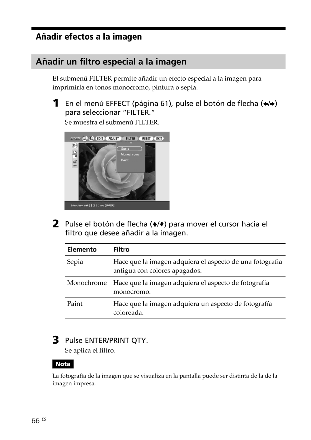 Sony DPP-SV88 operating instructions 66 ES, Se muestra el submenú Filter, Elemento Filtro, Se aplica el filtro 