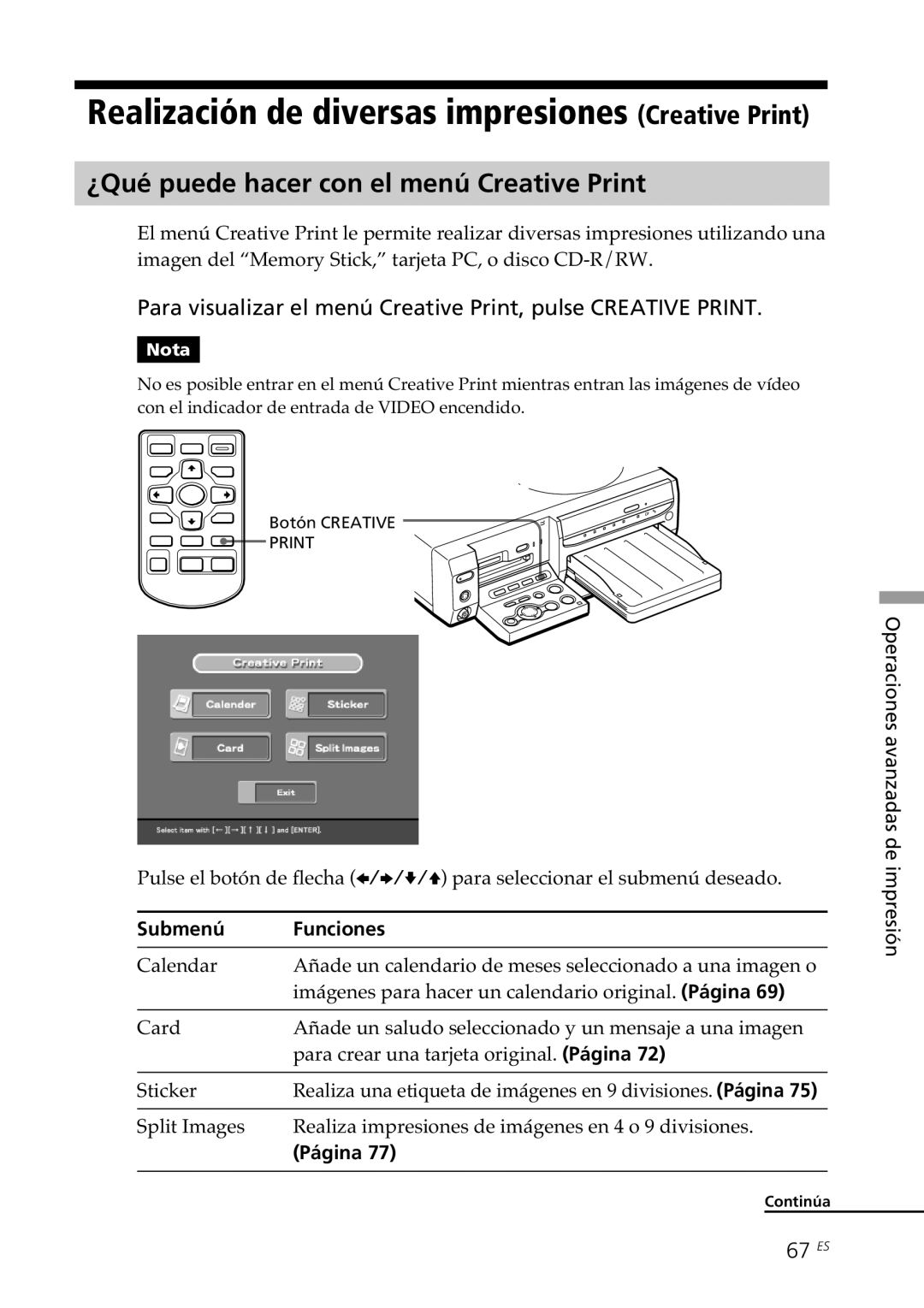 Sony DPP-SV88 operating instructions ¿Qué puede hacer con el menú Creative Print, 67 ES, Página 