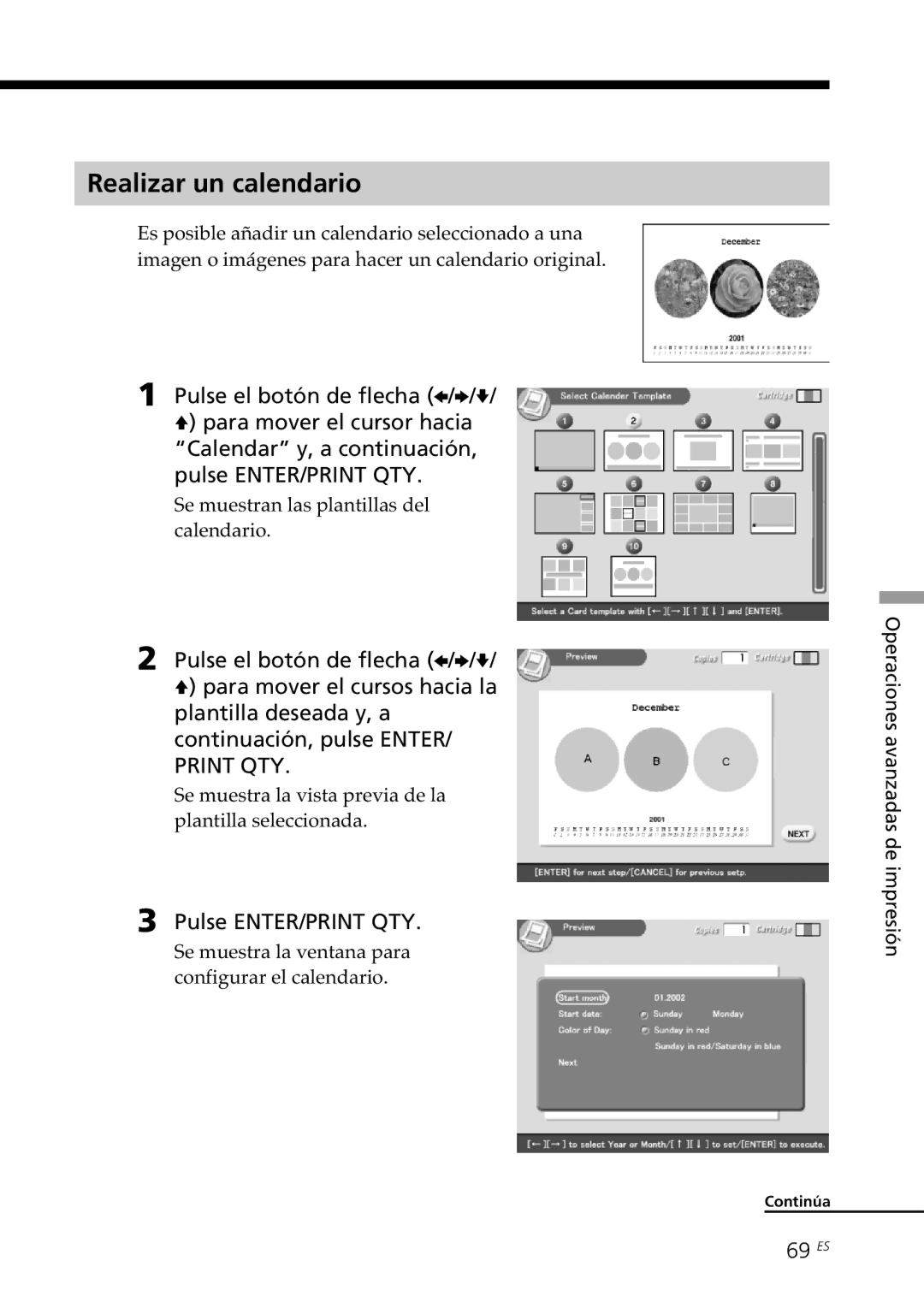 Sony DPP-SV88 operating instructions Realizar un calendario, 69 ES, Se muestran las plantillas del calendario 