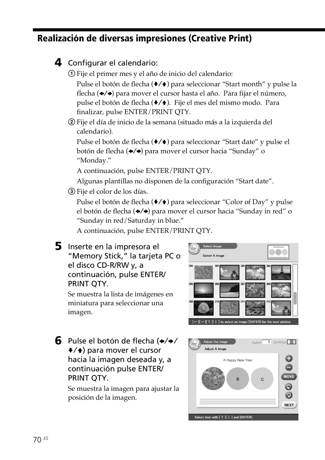 Sony DPP-SV88 Configurar el calendario, 70 ES, Se muestra la imagen para ajustar la posición de la imagen 