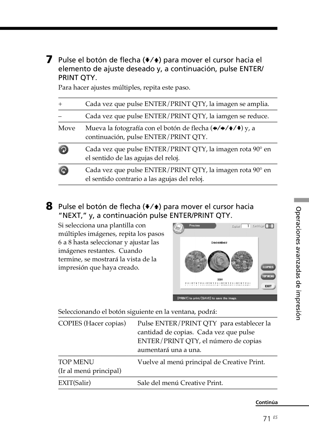 Sony DPP-SV88 operating instructions 71 ES, Vuelve al menú principal de Creative Print 