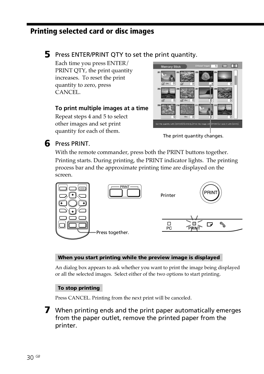 Sony DPP-SV88 Press ENTER/PRINT QTY to set the print quantity, To print multiple images at a time, Press Print 