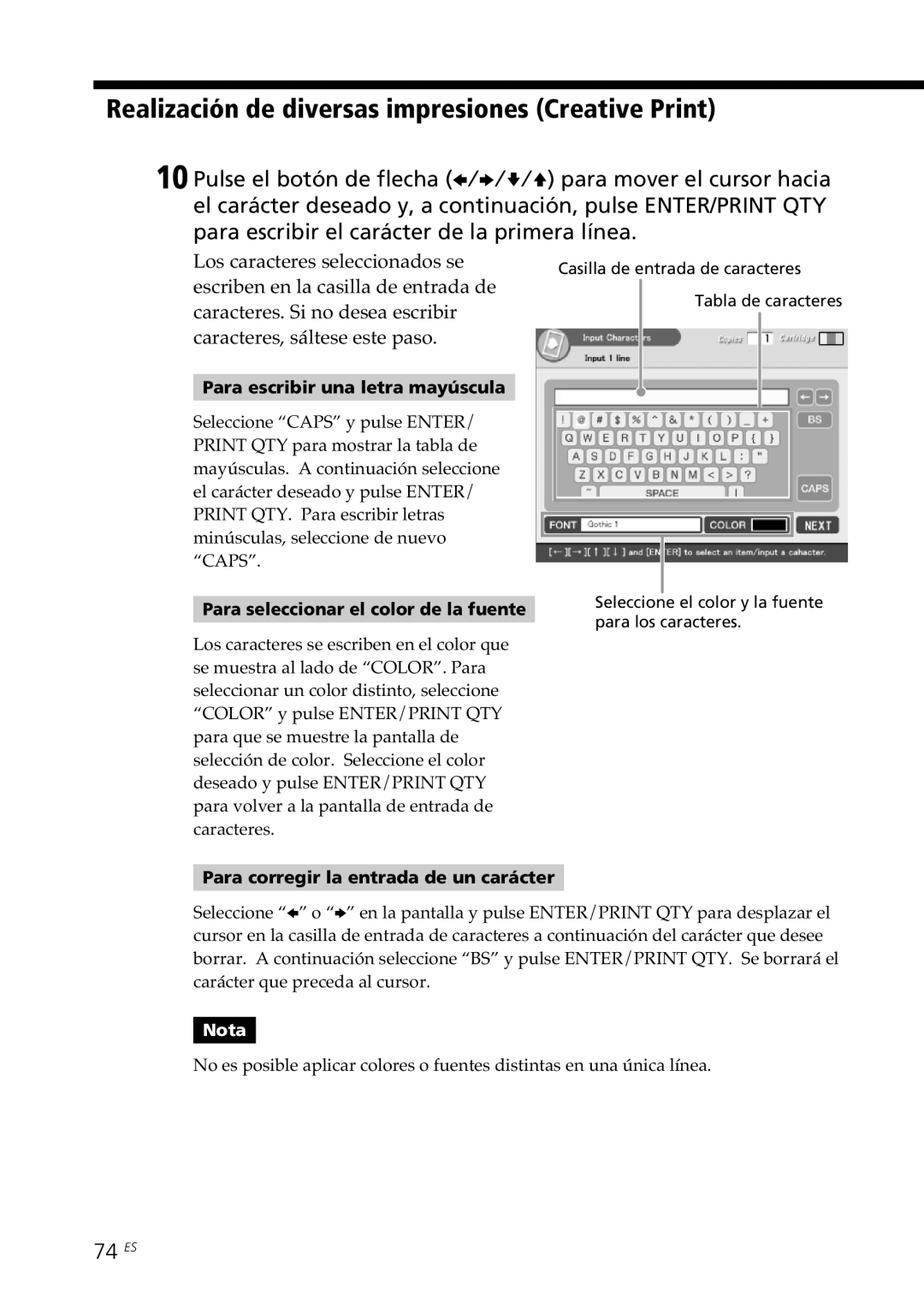 Sony DPP-SV88 operating instructions 74 ES, Para seleccionar el color de la fuente 