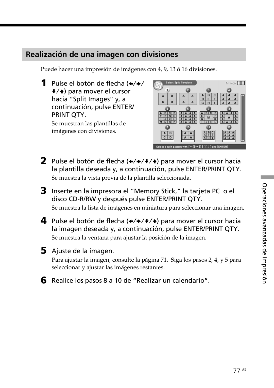 Sony DPP-SV88 Realización de una imagen con divisiones, Realice los pasos 8 a 10 de Realizar un calendario, 77 ES 