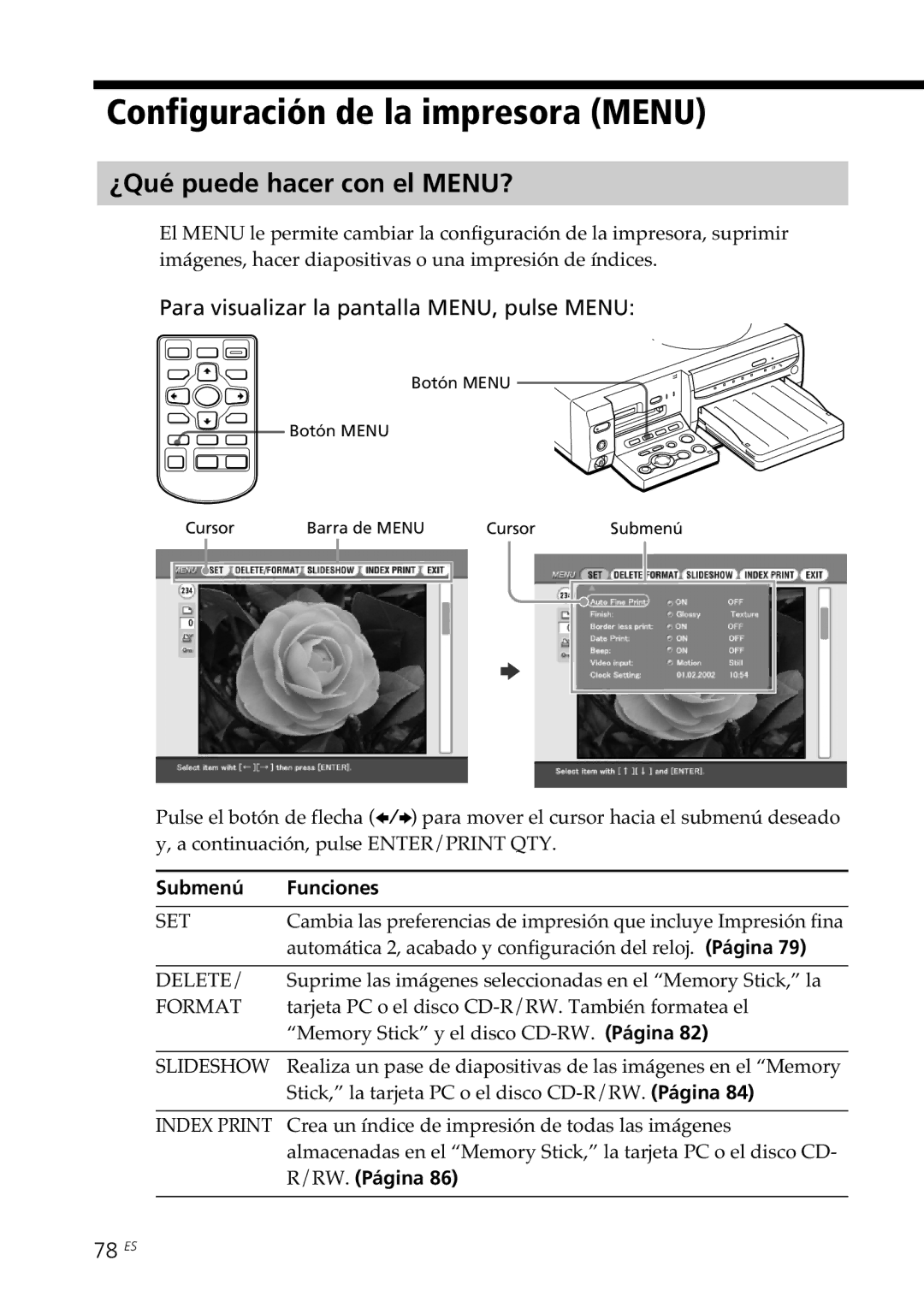 Sony DPP-SV88 operating instructions Configuración de la impresora Menu, ¿Qué puede hacer con el MENU?, 78 ES, RW. Página 