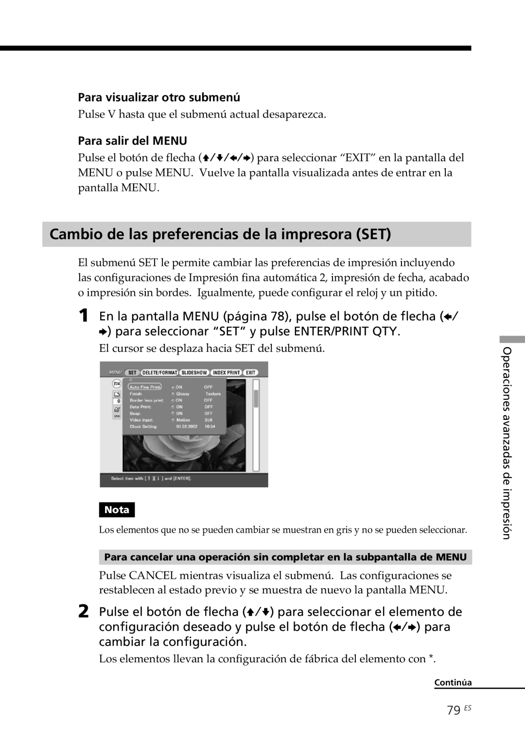 Sony DPP-SV88 Cambio de las preferencias de la impresora SET, Para visualizar otro submenú, Para salir del Menu, 79 ES 