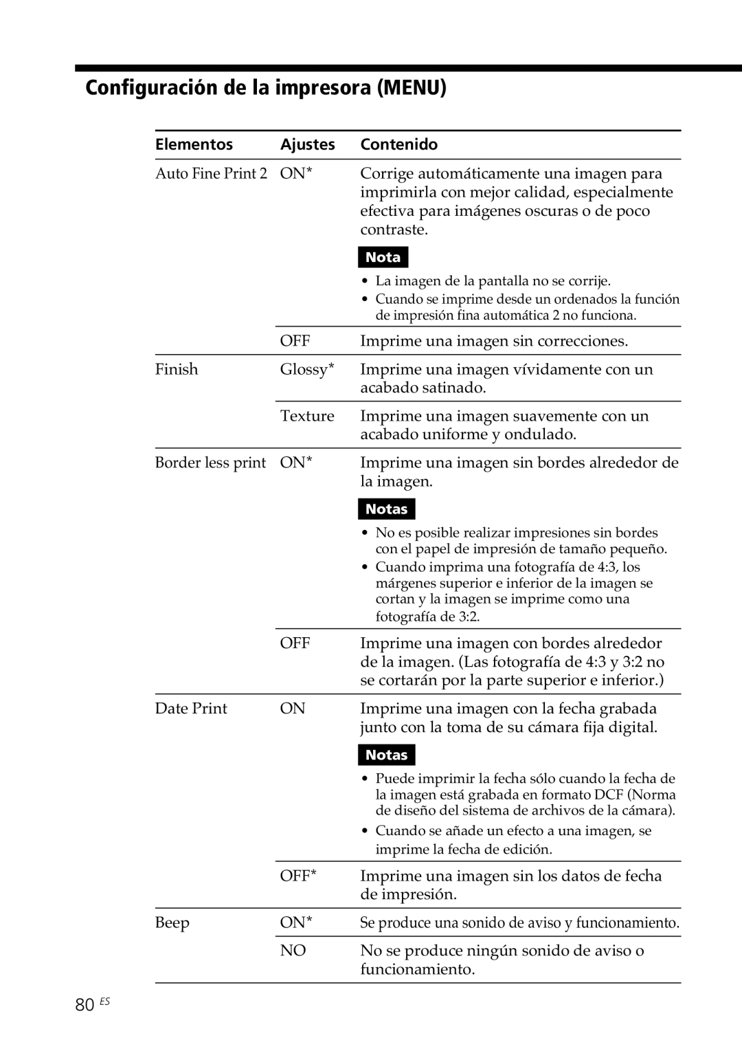 Sony DPP-SV88 operating instructions Configuración de la impresora Menu, 80 ES, Elementos Ajustes Contenido 