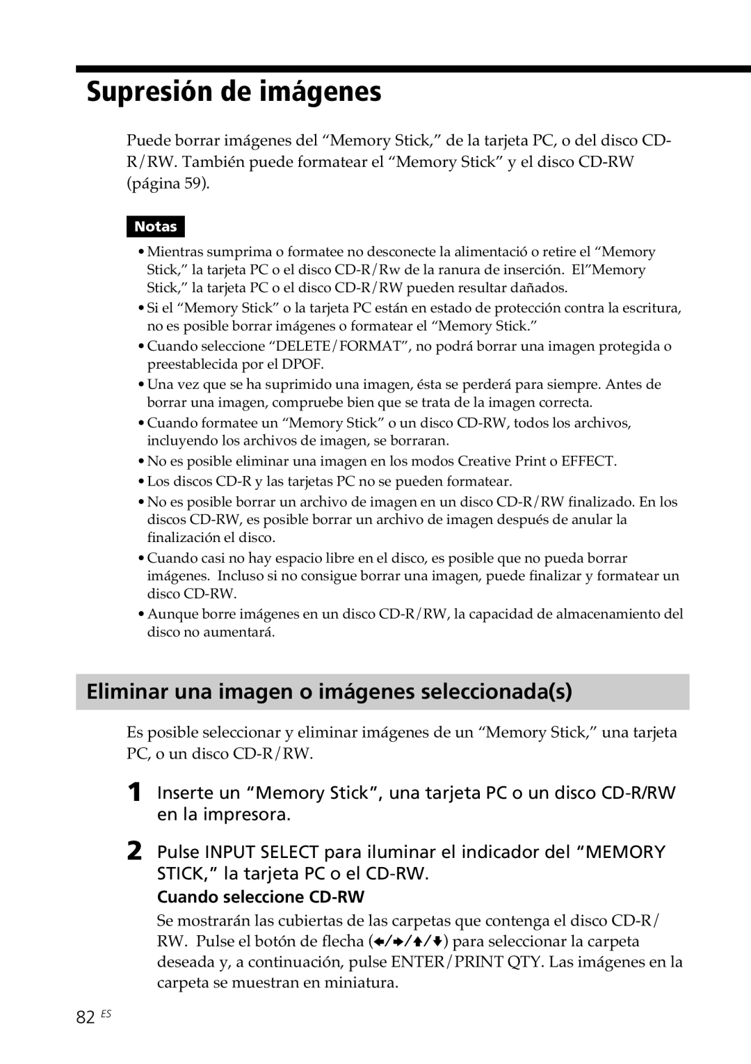 Sony DPP-SV88 Supresión de imágenes, Eliminar una imagen o imágenes seleccionadas, Cuando seleccione CD-RW, 82 ES 