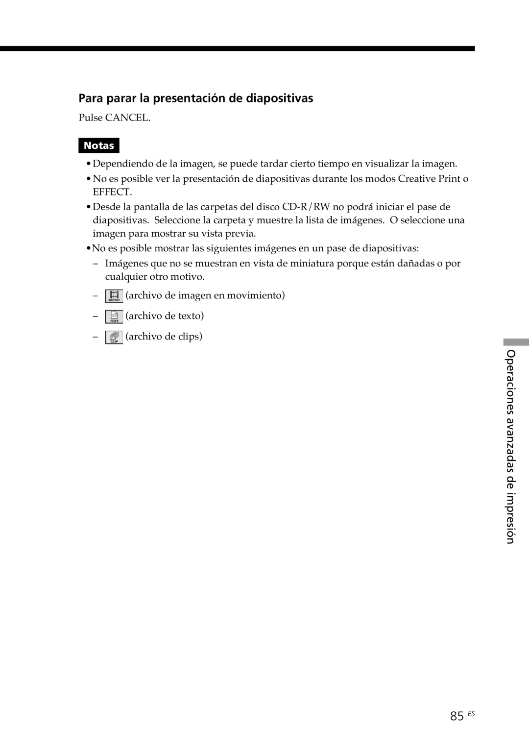 Sony DPP-SV88 operating instructions Para parar la presentación de diapositivas, 85 ES 