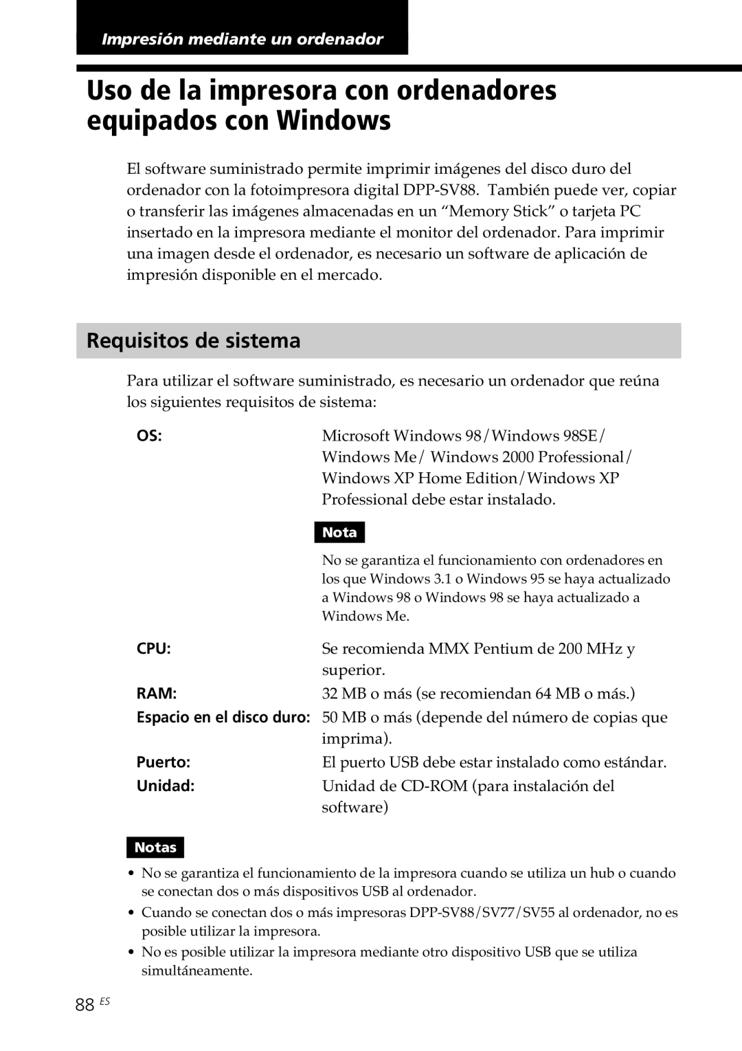 Sony DPP-SV88 operating instructions Requisitos de sistema, 88 ES, Puerto, Unidad 