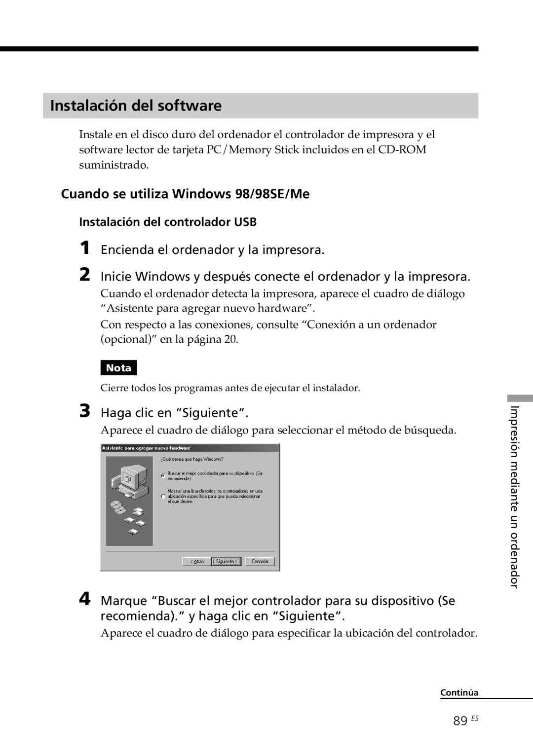 Sony DPP-SV88 Instalación del software, Cuando se utiliza Windows 98/98SE/Me, Instalación del controlador USB, 89 ES 