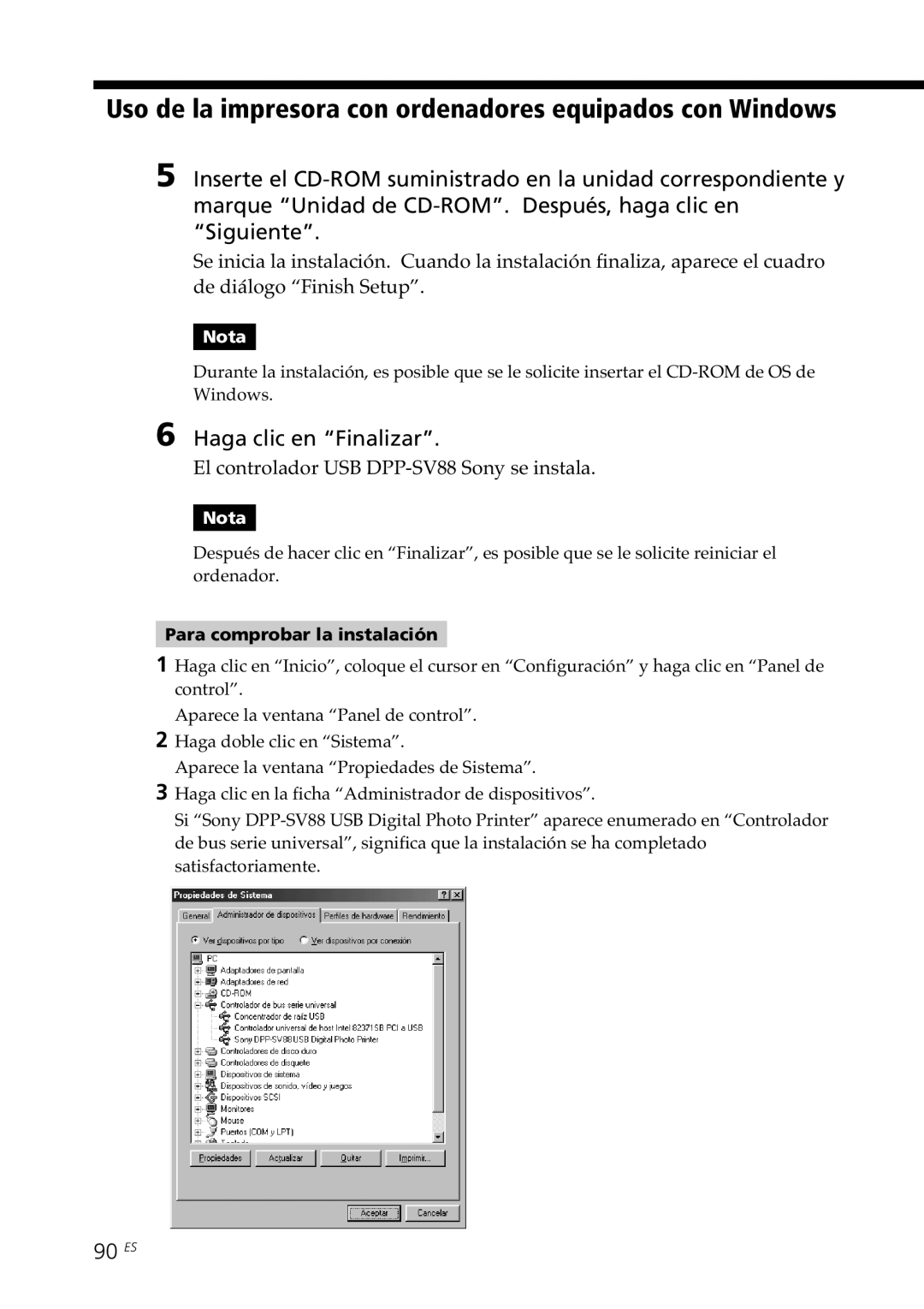 Sony DPP-SV88 Uso de la impresora con ordenadores equipados con Windows, Haga clic en Finalizar, 90 ES 