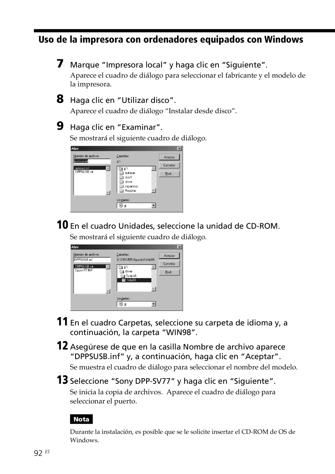 Sony DPP-SV88 Marque Impresora local y haga clic en Siguiente, Haga clic en Utilizar disco, Haga clic en Examinar, 92 ES 