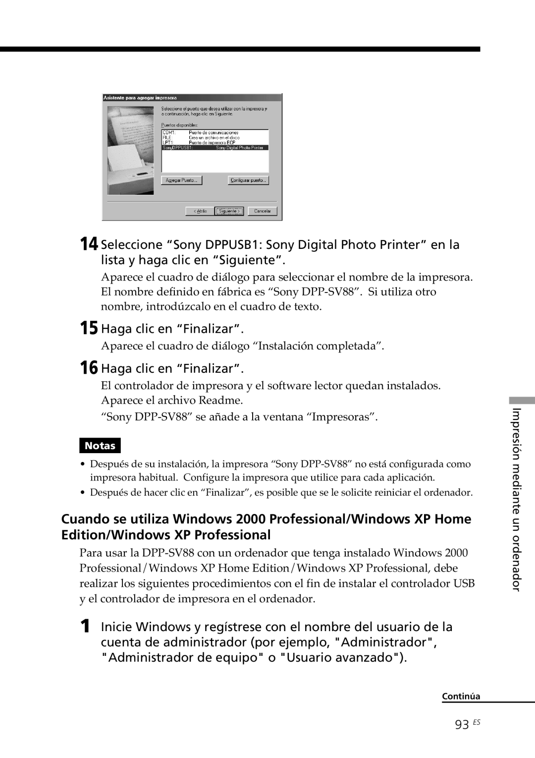 Sony DPP-SV88 operating instructions 93 ES, Aparece el cuadro de diálogo Instalación completada 