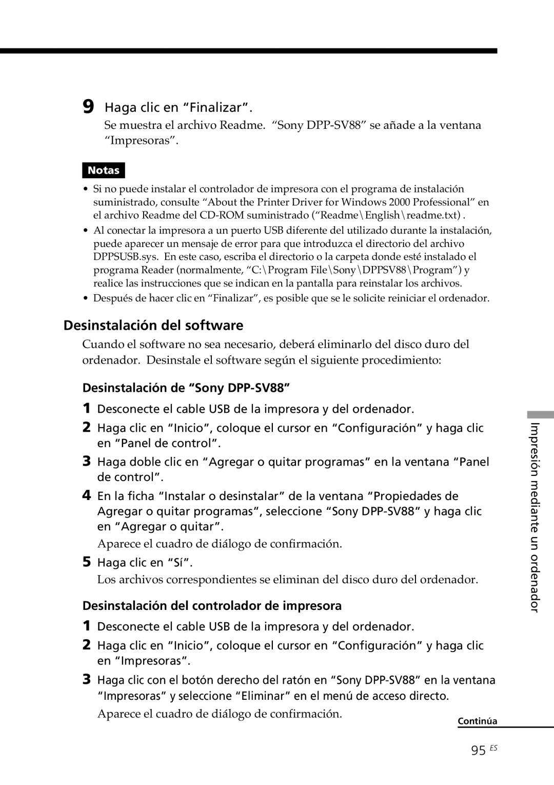 Sony Desinstalación del software, Desinstalación de Sony DPP-SV88, Desinstalación del controlador de impresora, 95 ES 