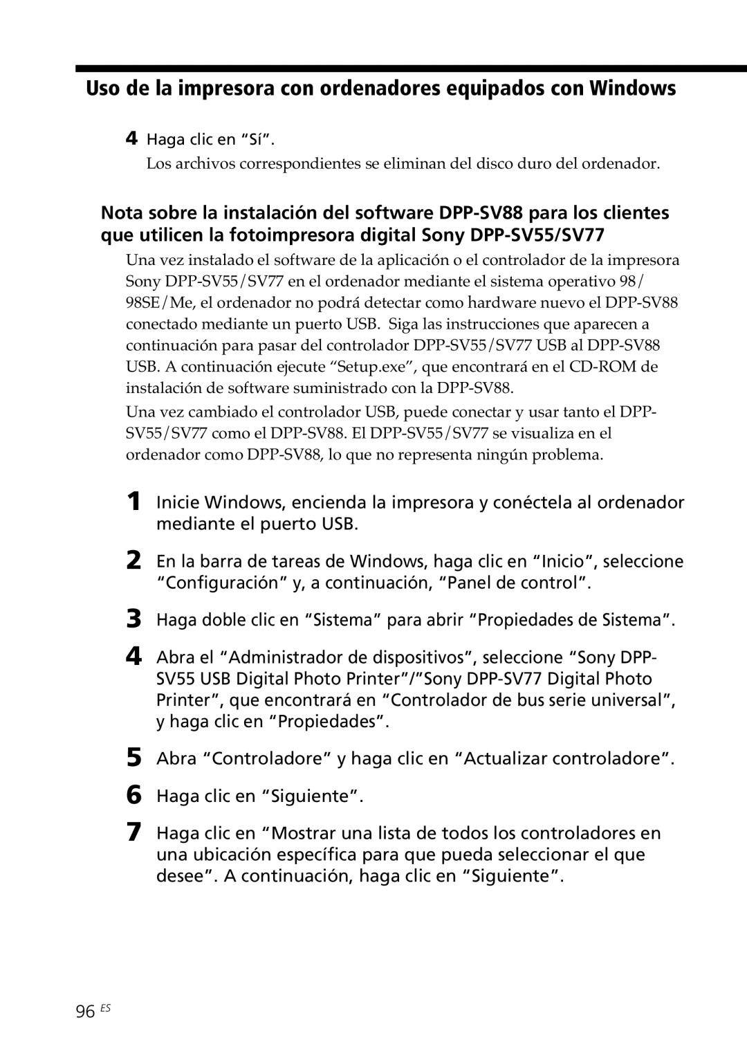 Sony DPP-SV88 operating instructions Uso de la impresora con ordenadores equipados con Windows 