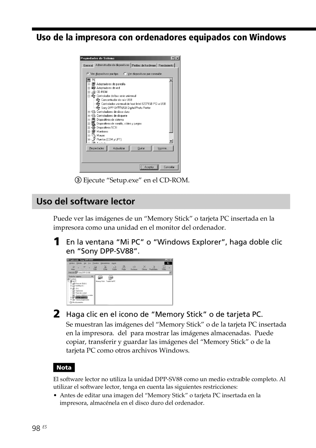 Sony DPP-SV88 operating instructions Uso del software lector, 98 ES, 3Ejecute Setup.exe en el CD-ROM 