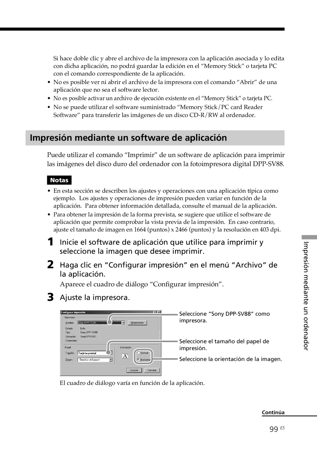 Sony DPP-SV88 operating instructions Impresión mediante un software de aplicación, Ajuste la impresora, 99 ES 