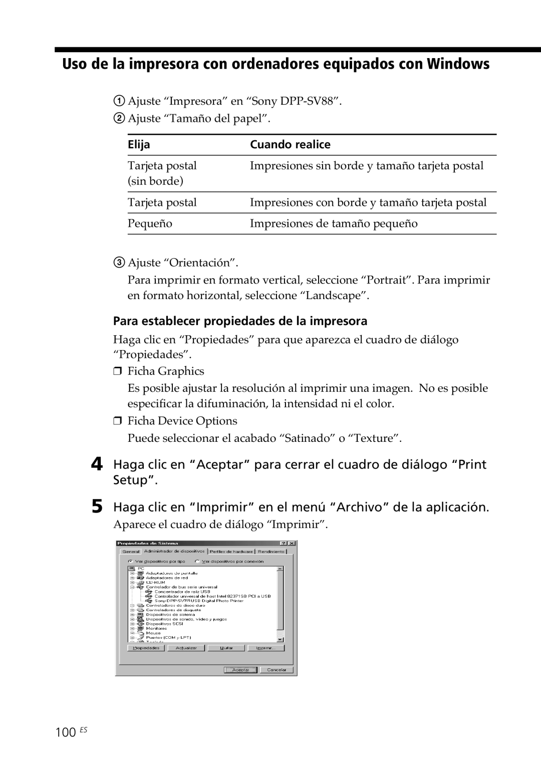 Sony DPP-SV88 operating instructions Para establecer propiedades de la impresora, 100 ES, Elija Cuando realice 