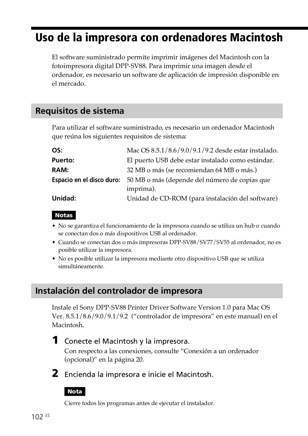 Sony DPP-SV88 Uso de la impresora con ordenadores Macintosh, Instalación del controlador de impresora, 102 ES 