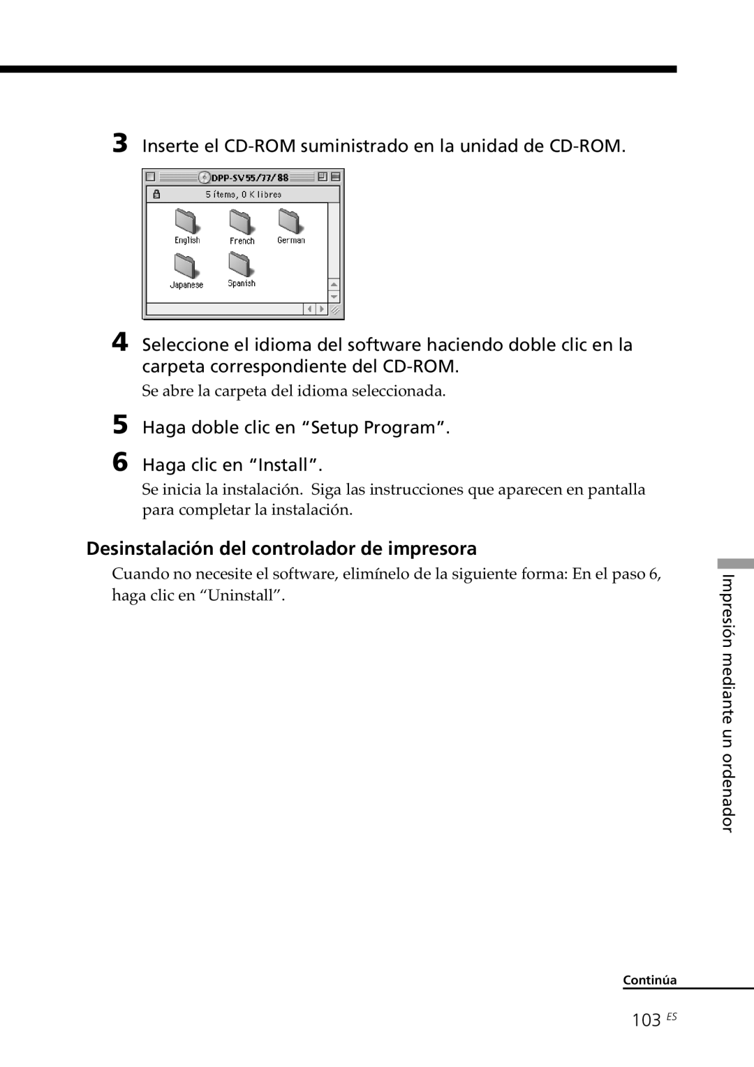 Sony DPP-SV88 Desinstalación del controlador de impresora, Haga doble clic en Setup Program Haga clic en Install, 103 ES 