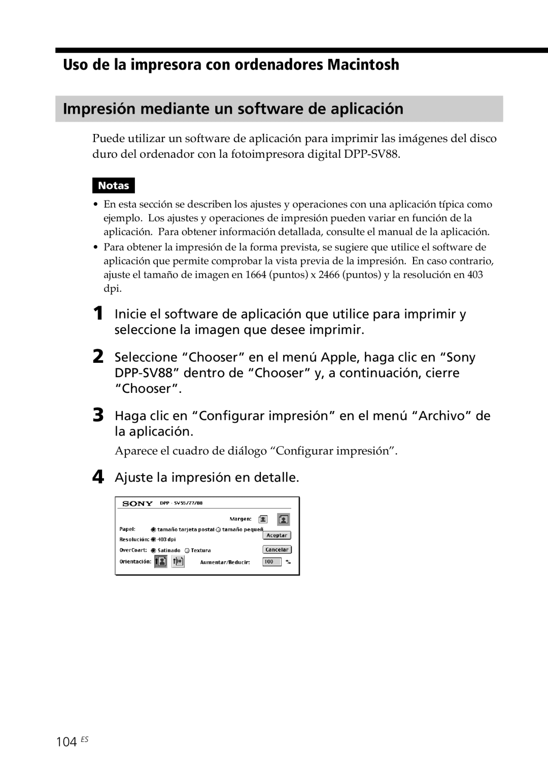 Sony DPP-SV88 Ajuste la impresión en detalle 104 ES, Aparece el cuadro de diálogo Configurar impresión 