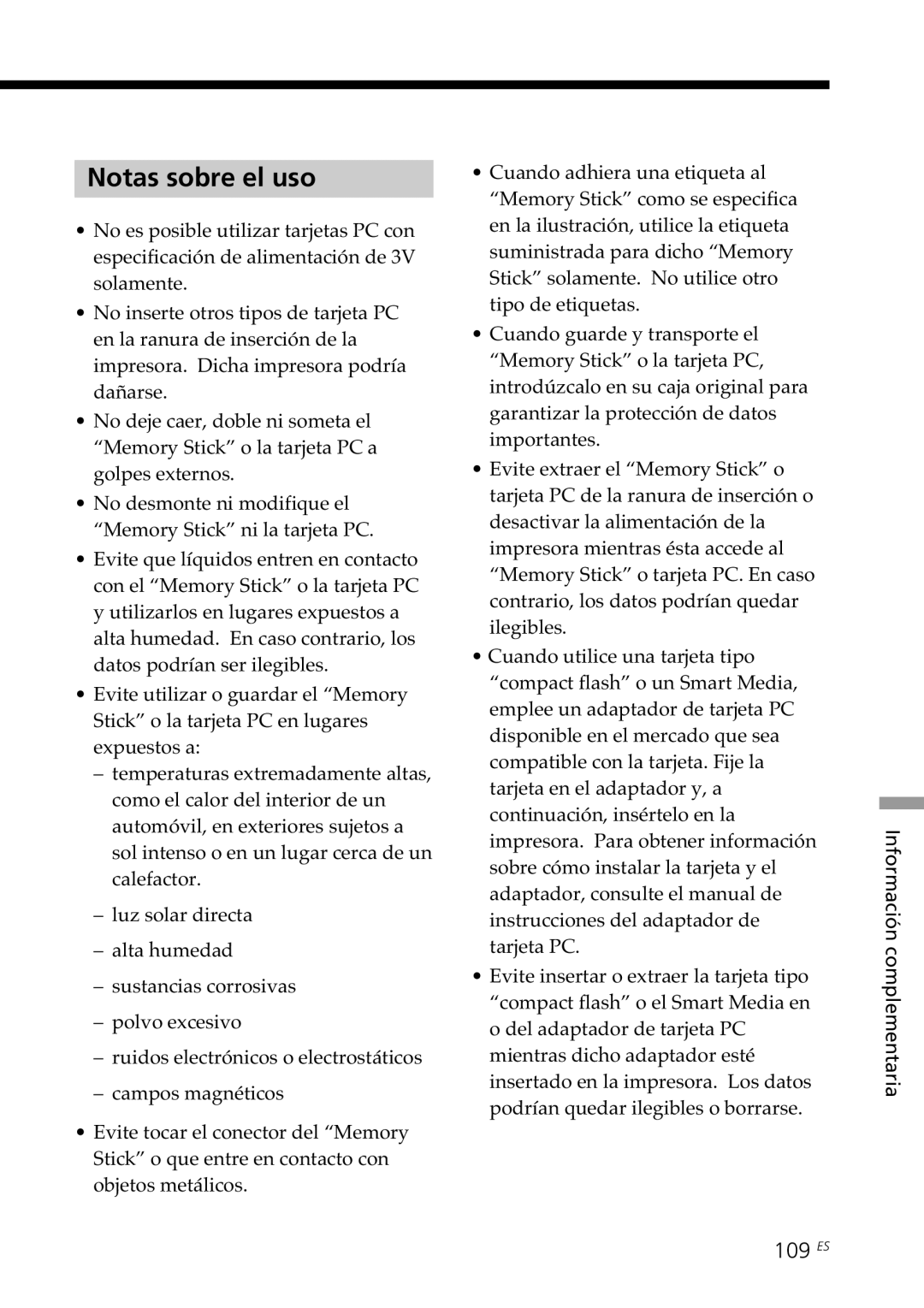 Sony DPP-SV88 operating instructions Notas sobre el uso, 109 ES 