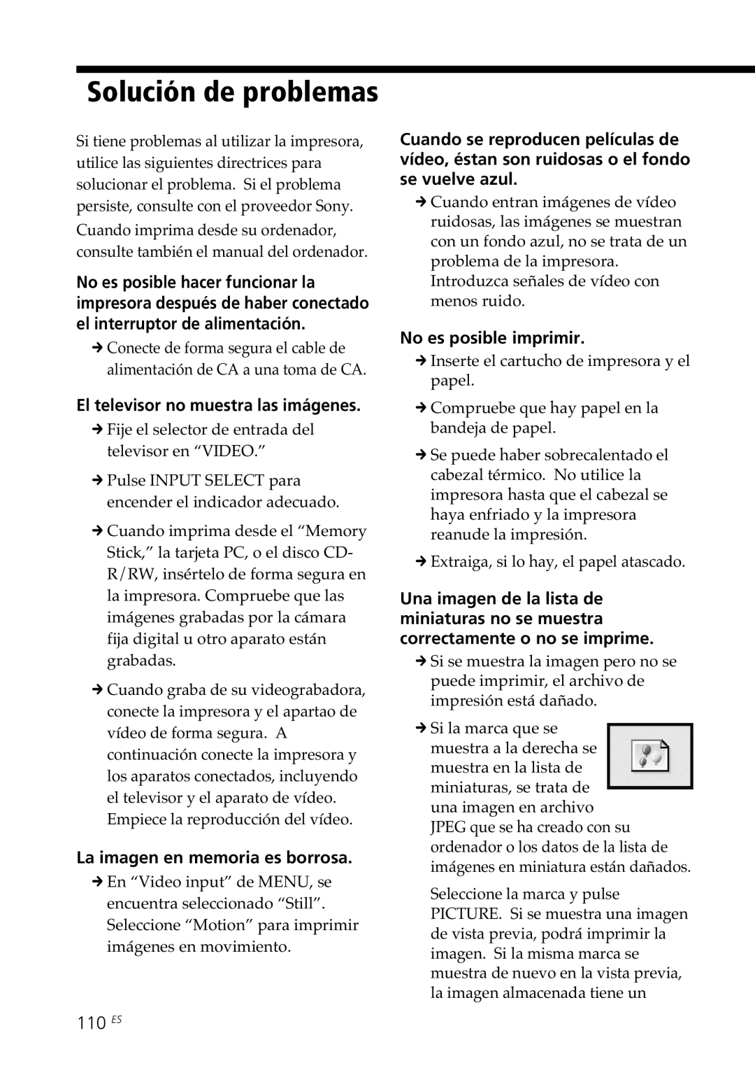 Sony DPP-SV88 Solución de problemas, El televisor no muestra las imágenes, La imagen en memoria es borrosa, 110 ES 