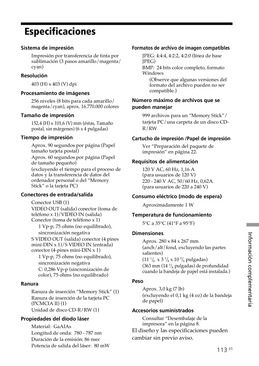 Sony DPP-SV88 operating instructions Especificaciones, 113 ES 