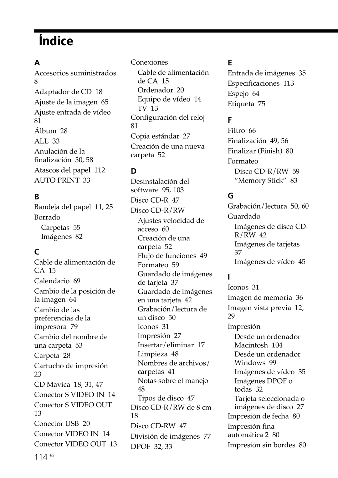 Sony DPP-SV88 operating instructions Índice, 114 ES 