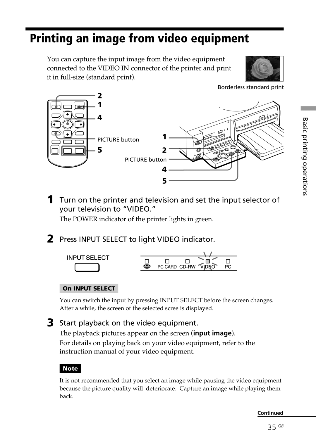 Sony DPP-SV88 Printing an image from video equipment, Press Input Select to light Video indicator, 35 GB 