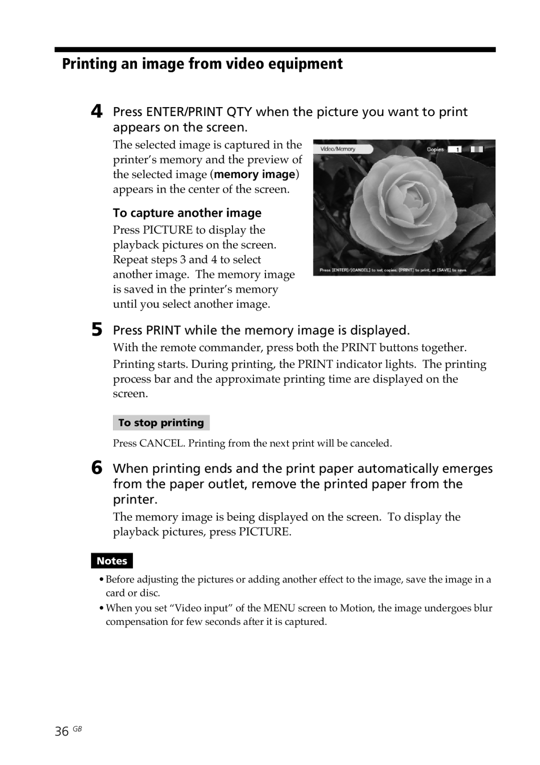 Sony DPP-SV88 operating instructions Printing an image from video equipment, To capture another image, 36 GB 