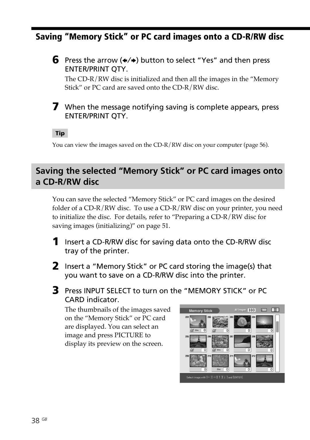 Sony DPP-SV88 operating instructions Saving Memory Stick or PC card images onto a CD-R/RW disc, 38 GB, Tip 