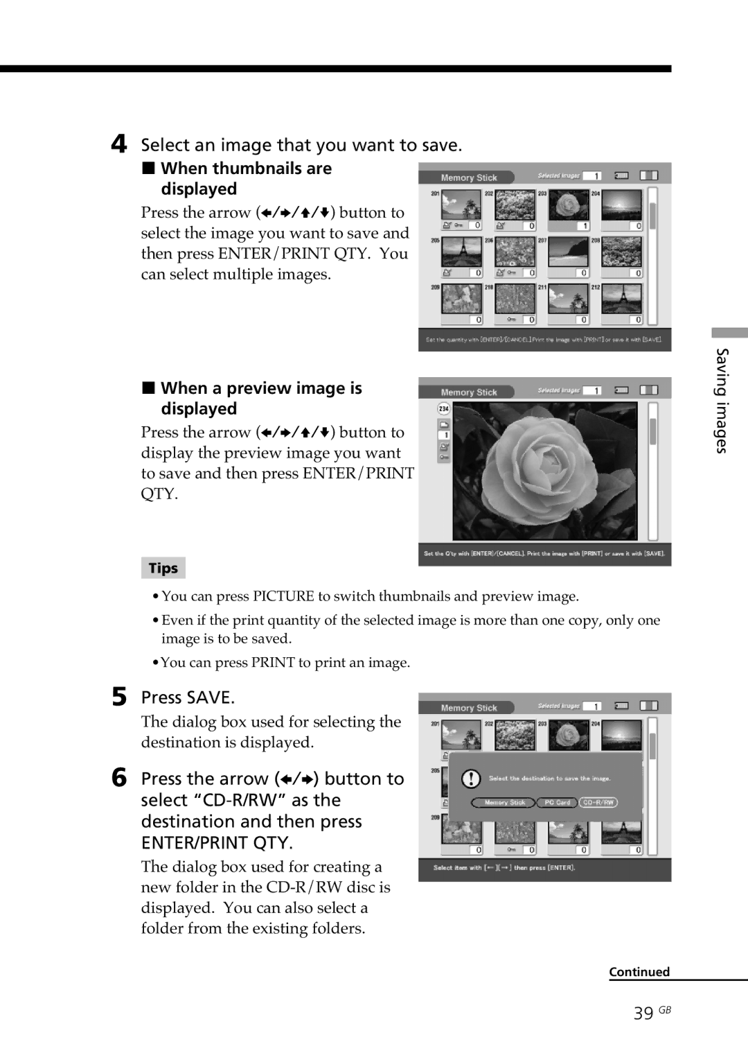 Sony DPP-SV88 Select an image that you want to save, When thumbnails are displayed, When a preview image is displayed 