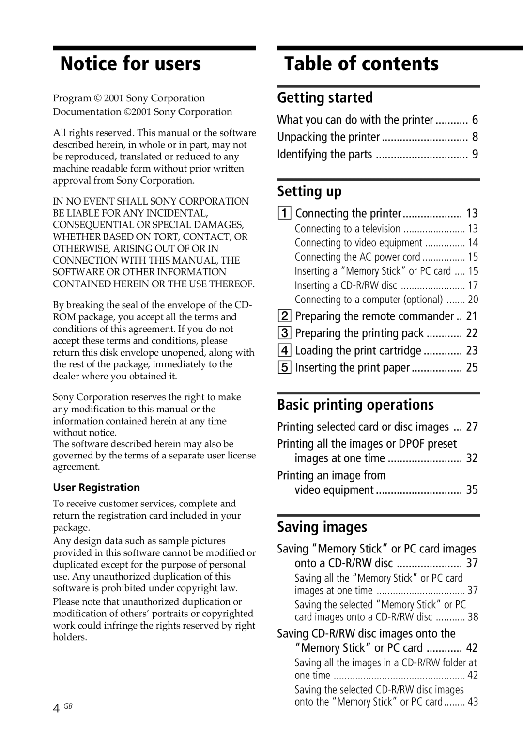 Sony DPP-SV88 operating instructions Table of contents 