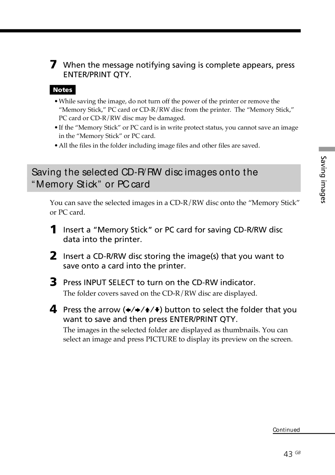 Sony DPP-SV88 operating instructions 43 GB, Folder covers saved on the CD-R/RW disc are displayed 