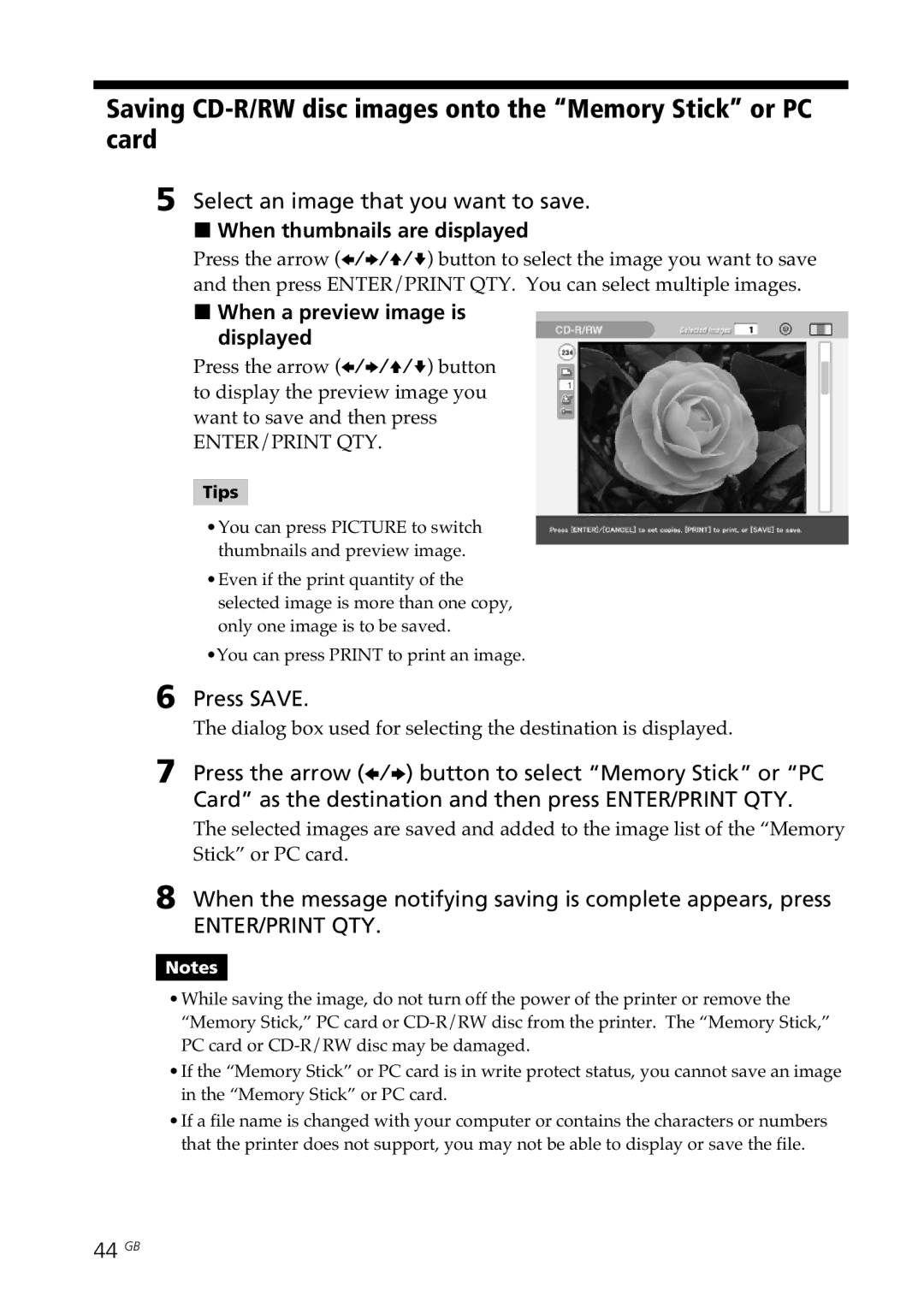 Sony DPP-SV88 operating instructions Saving CD-R/RW disc images onto the Memory Stick or PC card, 44 GB 