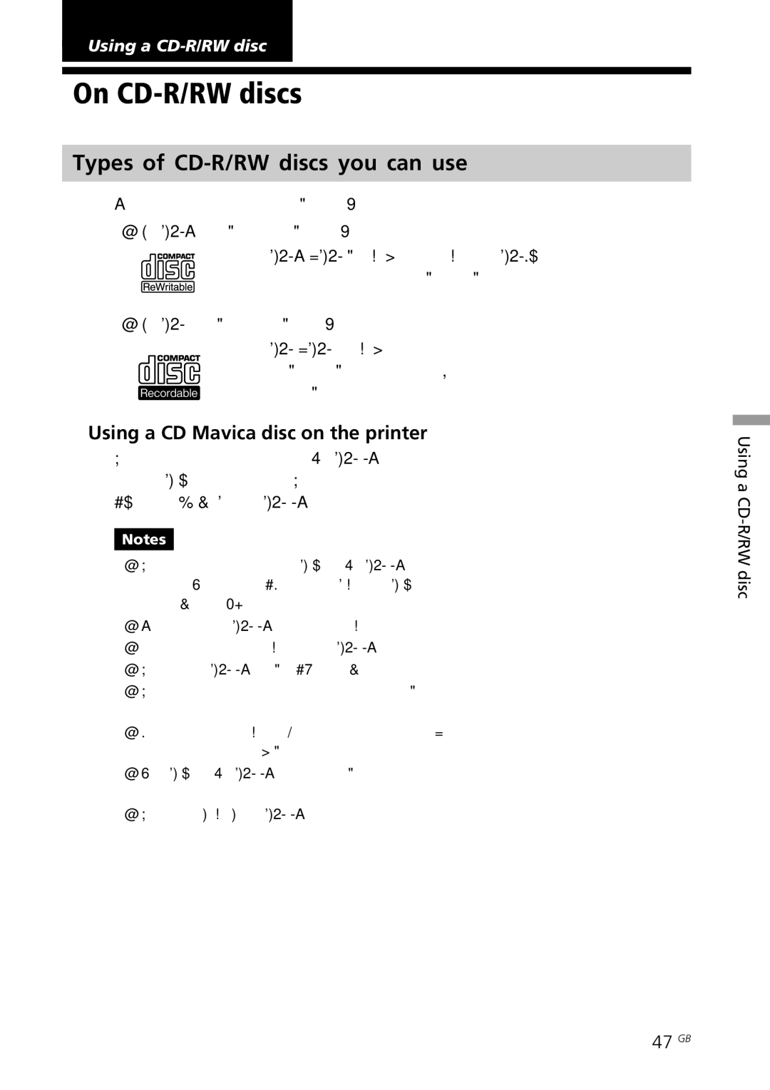 Sony DPP-SV88 On CD-R/RW discs, Types of CD-R/RW discs you can use, Using a CD Mavica disc on the printer, 47 GB 