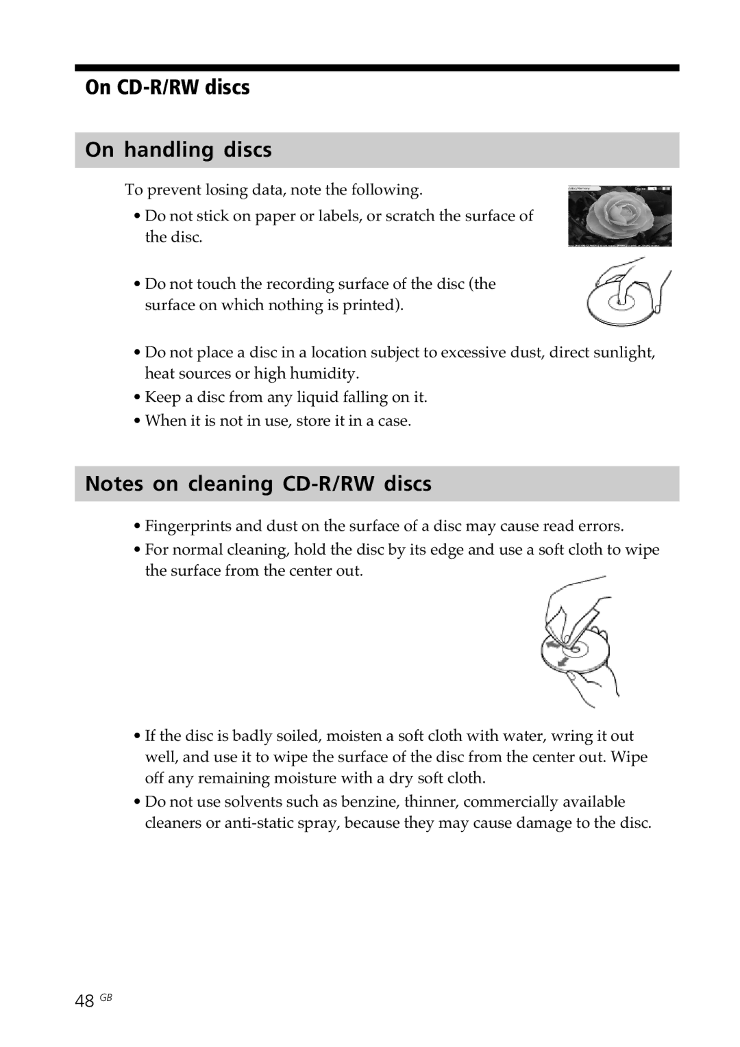 Sony DPP-SV88 operating instructions On CD-R/RW discs On handling discs, 48 GB 