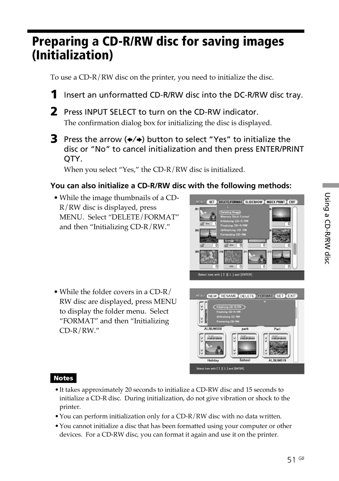 Sony DPP-SV88 operating instructions Preparing a CD-R/RW disc for saving images Initialization, 51 GB 