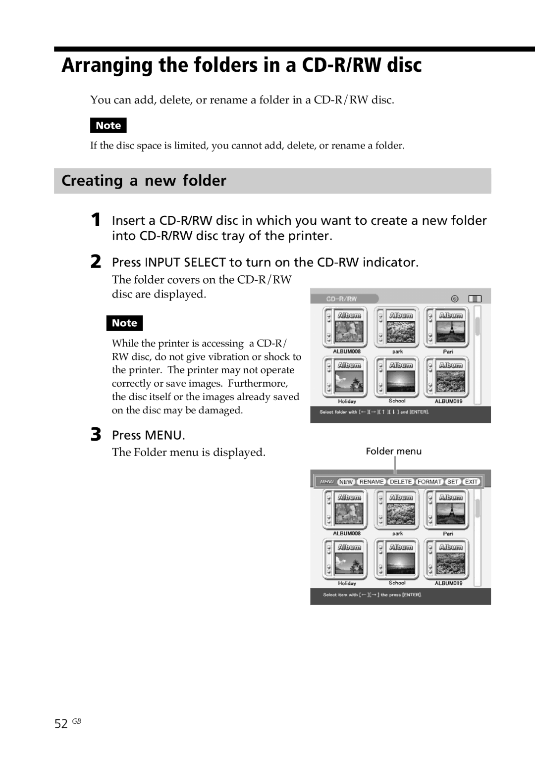 Sony DPP-SV88 operating instructions Arranging the folders in a CD-R/RW disc, Creating a new folder, Press Menu, 52 GB 