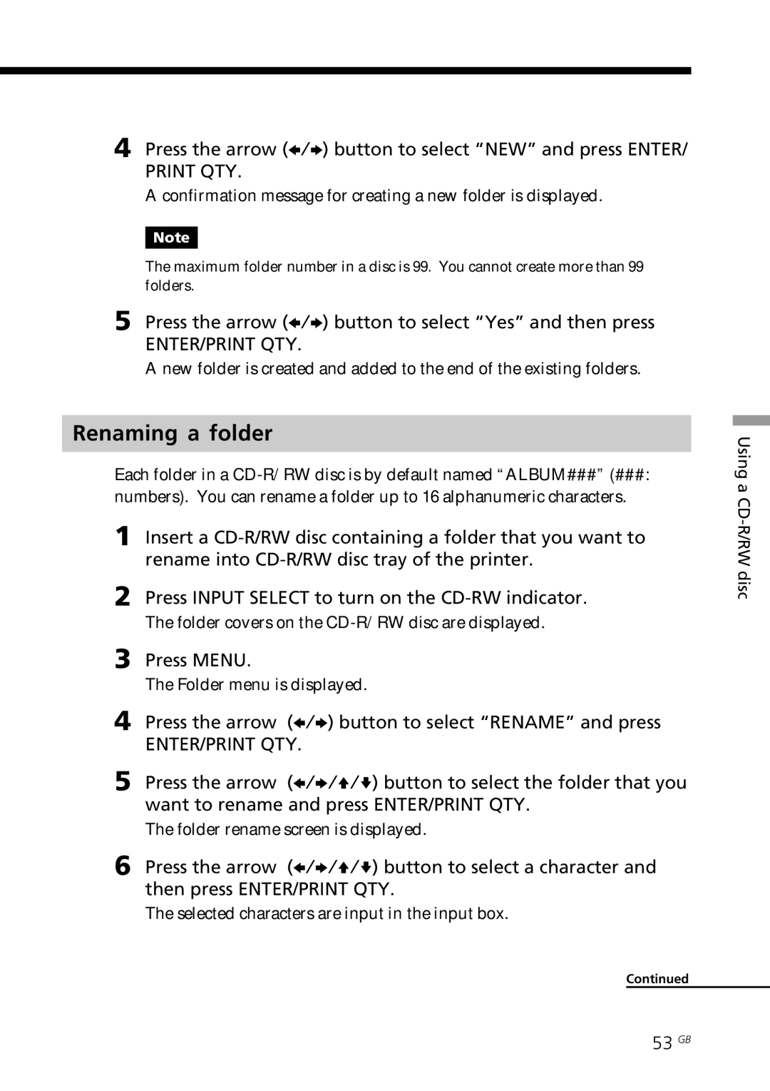 Sony DPP-SV88 operating instructions Renaming a folder, Press the arrow B/b button to select Rename and press, 53 GB 