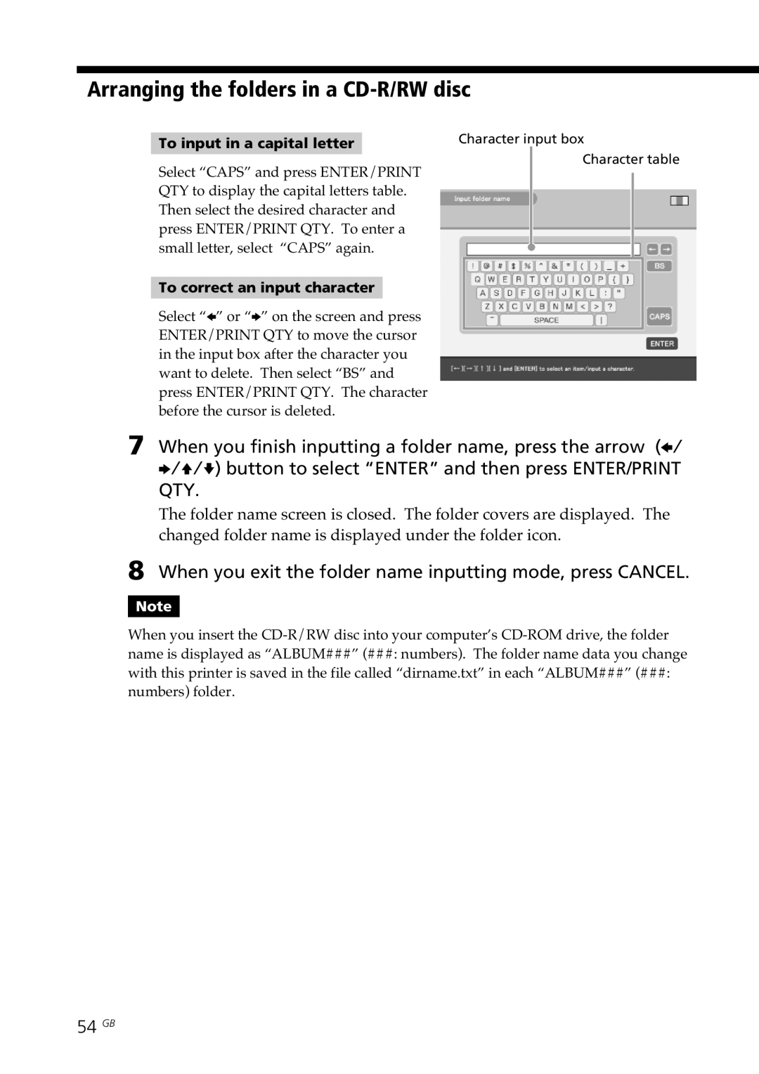 Sony DPP-SV88 Arranging the folders in a CD-R/RW disc, When you exit the folder name inputting mode, press Cancel, 54 GB 