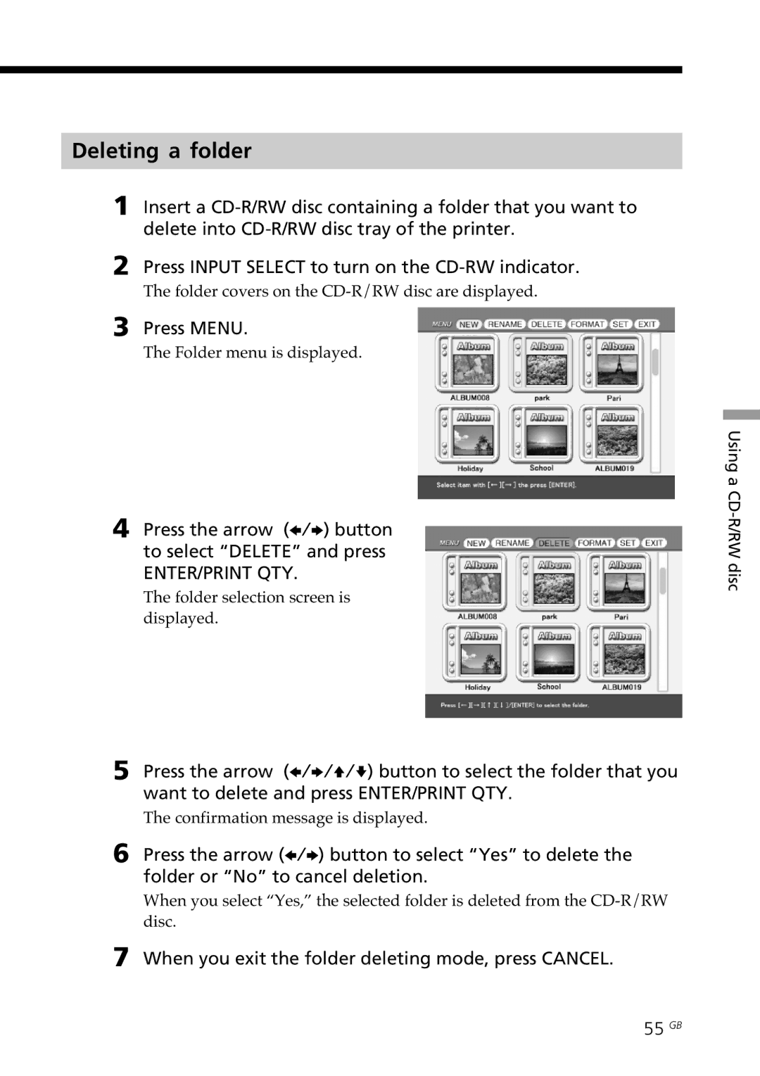 Sony DPP-SV88 operating instructions Deleting a folder, Press the arrow B/b button to select Delete and press, 55 GB 