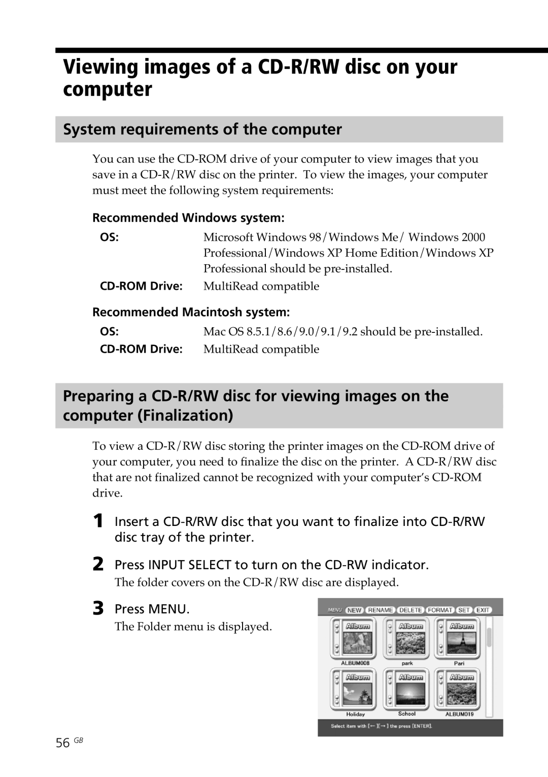 Sony DPP-SV88 Viewing images of a CD-R/RW disc on your computer, System requirements of the computer, 56 GB 