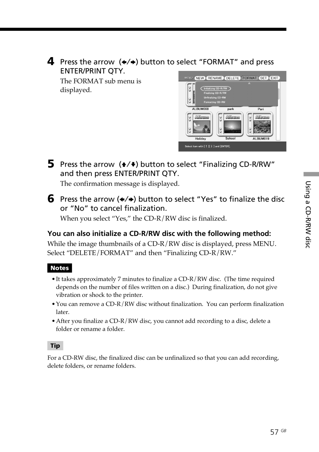 Sony DPP-SV88 Press the arrow B/b button to select Format and press, 57 GB, Format sub menu is displayed 