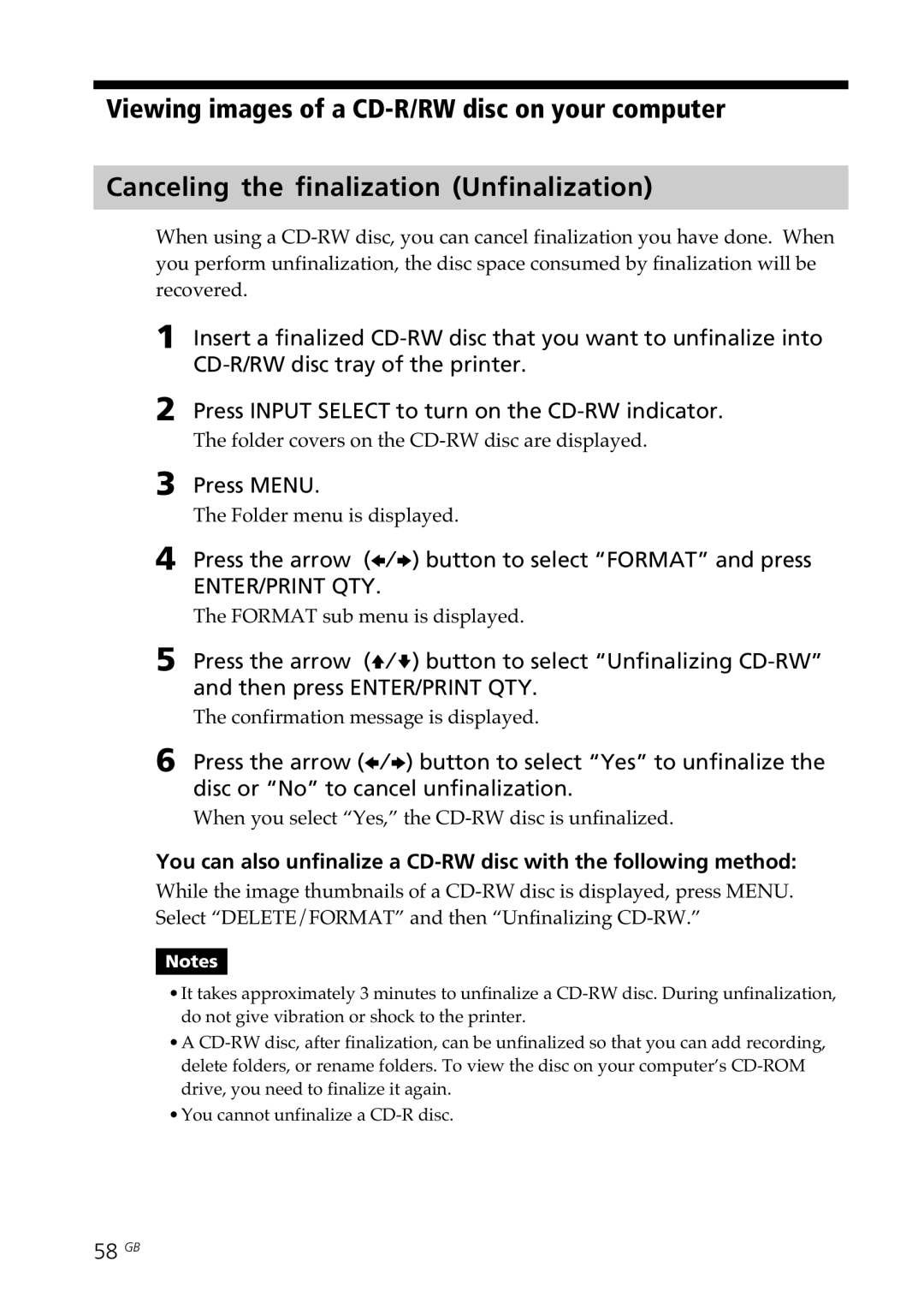 Sony DPP-SV88 58 GB, Folder covers on the CD-RW disc are displayed, When you select Yes, the CD-RW disc is unfinalized 