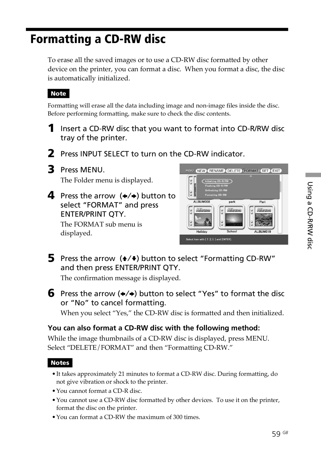 Sony DPP-SV88 Formatting a CD-RW disc, You can also format a CD-RW disc with the following method, 59 GB 