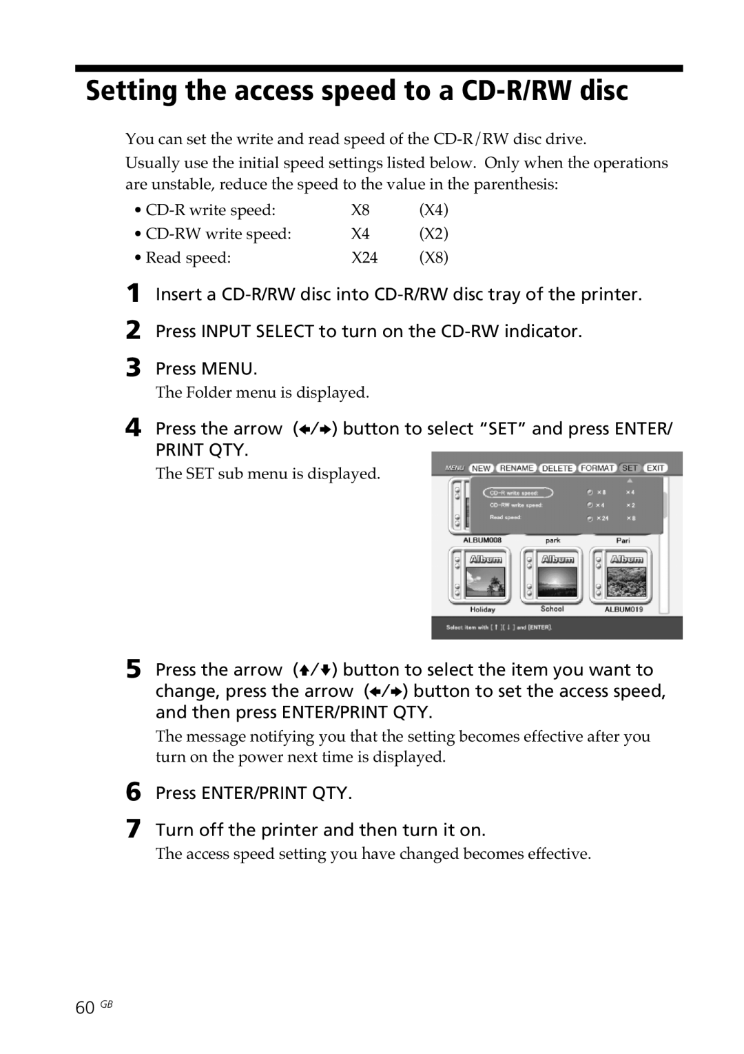 Sony DPP-SV88 operating instructions Setting the access speed to a CD-R/RW disc, 60 GB, SET sub menu is displayed 