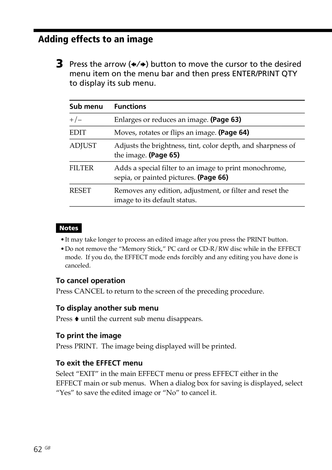 Sony DPP-SV88 Adding effects to an image, To display another sub menu, To print the image, To exit the Effect menu, 62 GB 